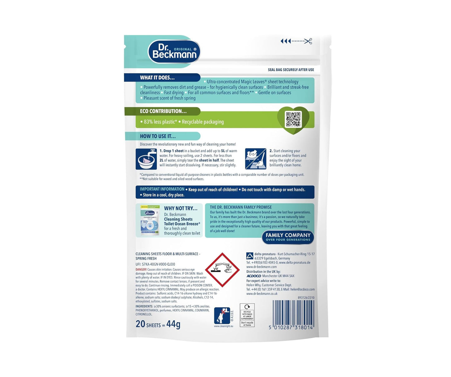 Dr. Beckmann Floor & Multi-Surface Cleaning Sheets - Spring Fresh 20 Pack