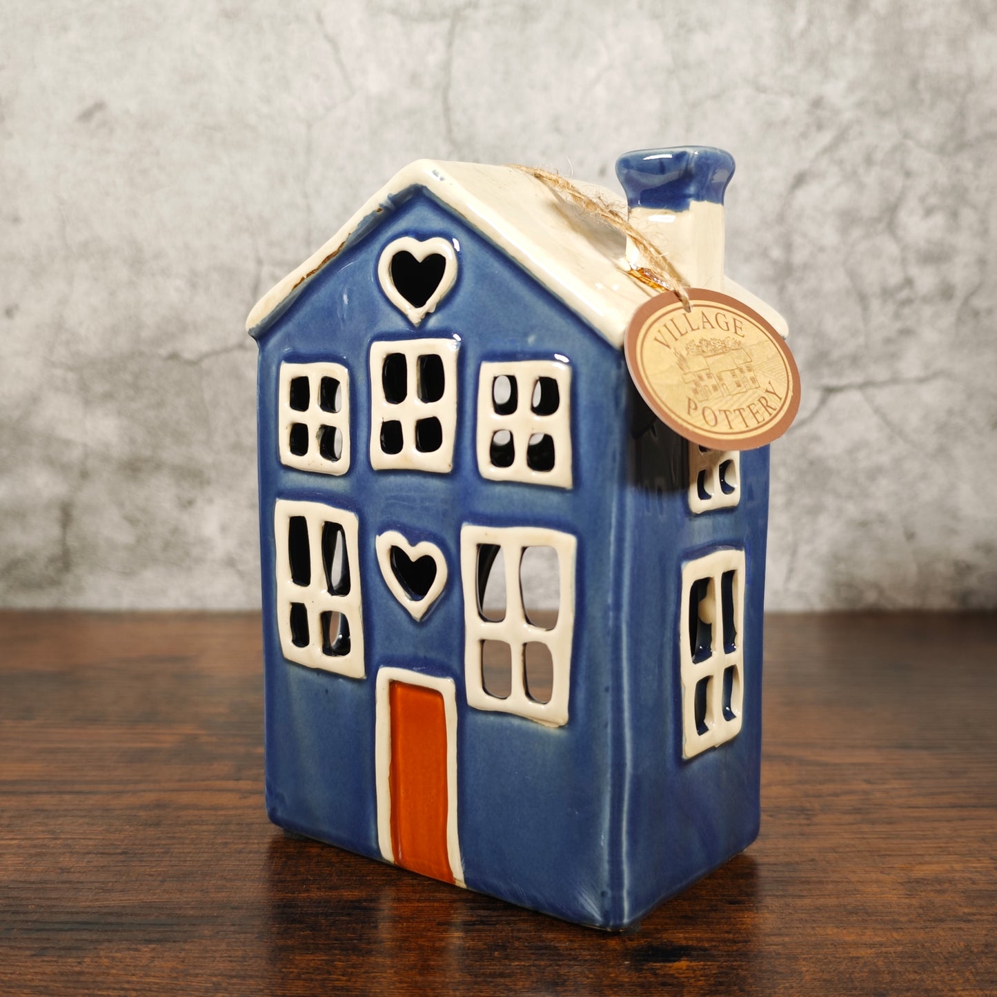 Village Pottery Heart House Tealight Holder - Blue