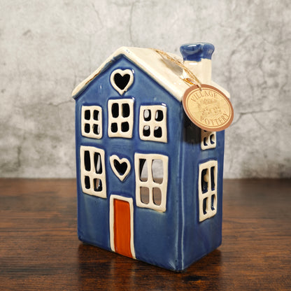 Village Pottery Heart House Tealight Holder - Blue