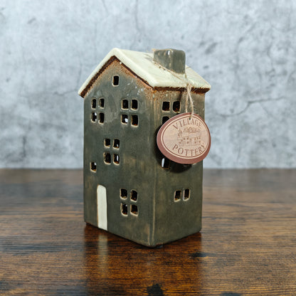 Village Pottery Tall Town House Grey Tealight Holder