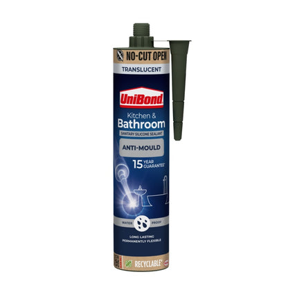 UniBond Anti-Mould Kitchen & Bathroom Sanitary Silicone Sealant 280ml Cartridge - Translucent
