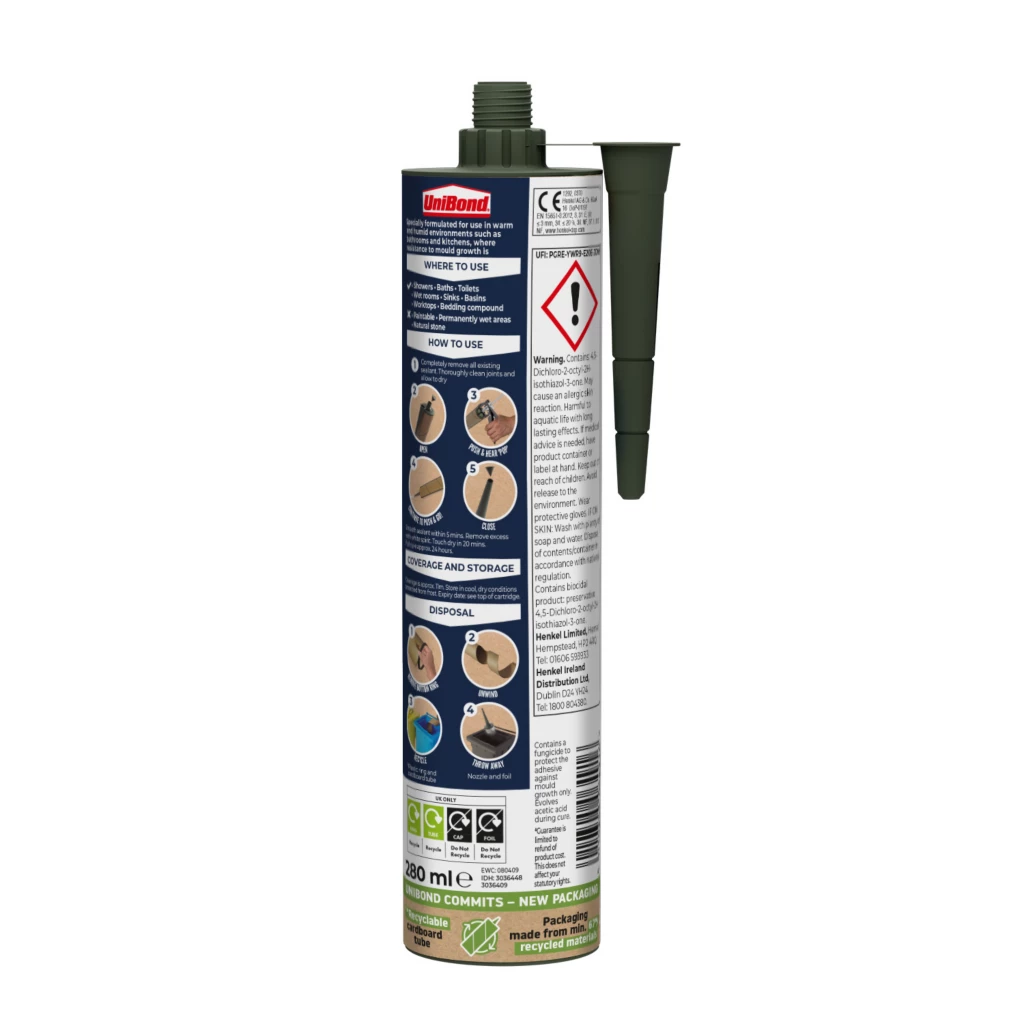 UniBond Anti-Mould Kitchen & Bathroom Sanitary Silicone Sealant 280ml Cartridge - Grey