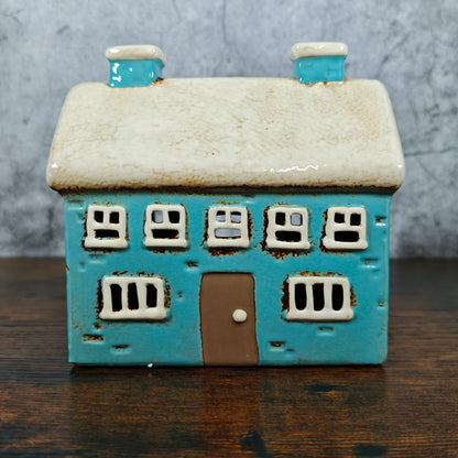 Village Pottery Large House Tealight Holder - Blue