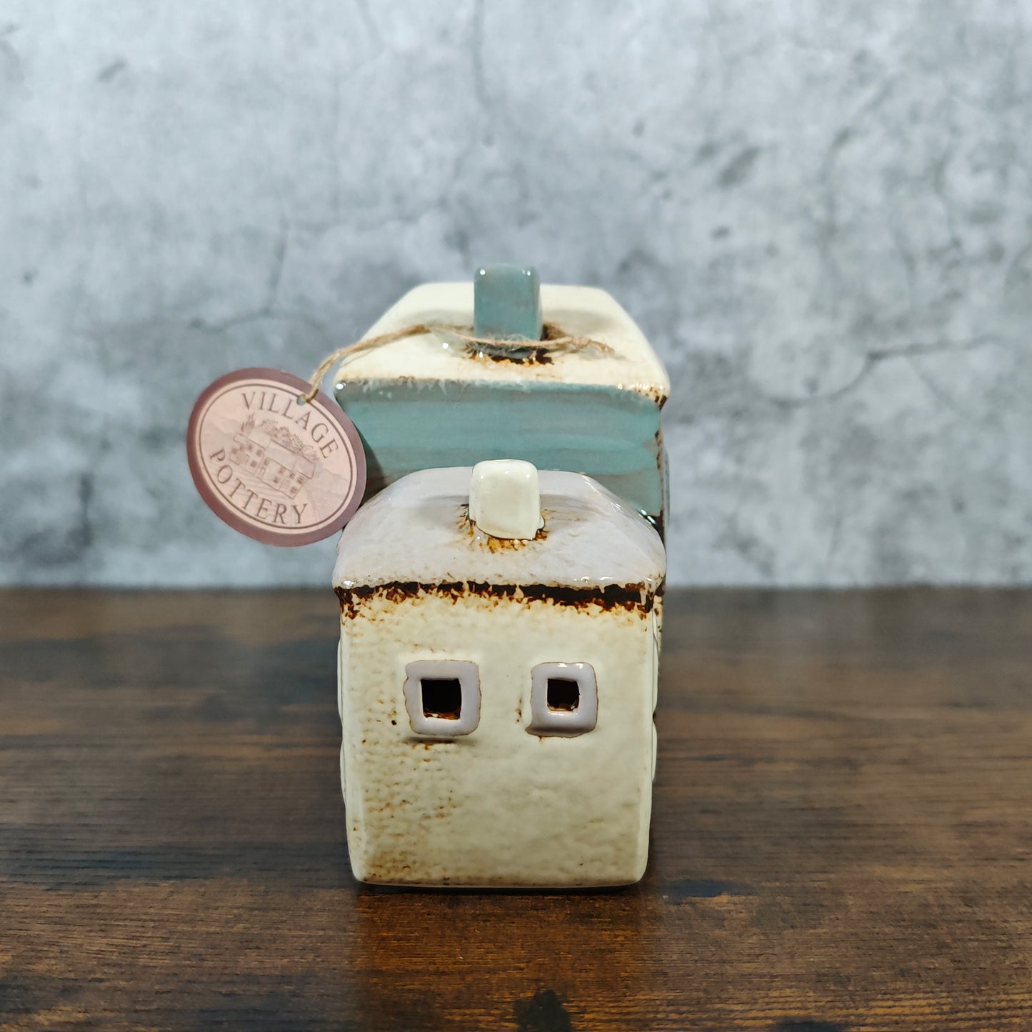 Village Pottery Collection Grey/Cream Two Houses Ceramic Tealight Holder