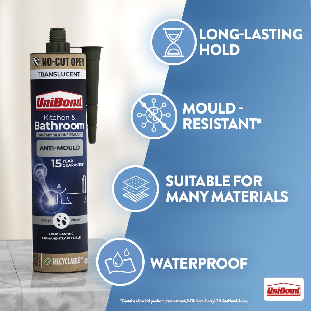 UniBond Anti-Mould Kitchen & Bathroom Sanitary Silicone Sealant 280ml Cartridge - Translucent