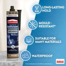 UniBond Anti-Mould Kitchen & Bathroom Sanitary Silicone Sealant 280ml Cartridge - Translucent