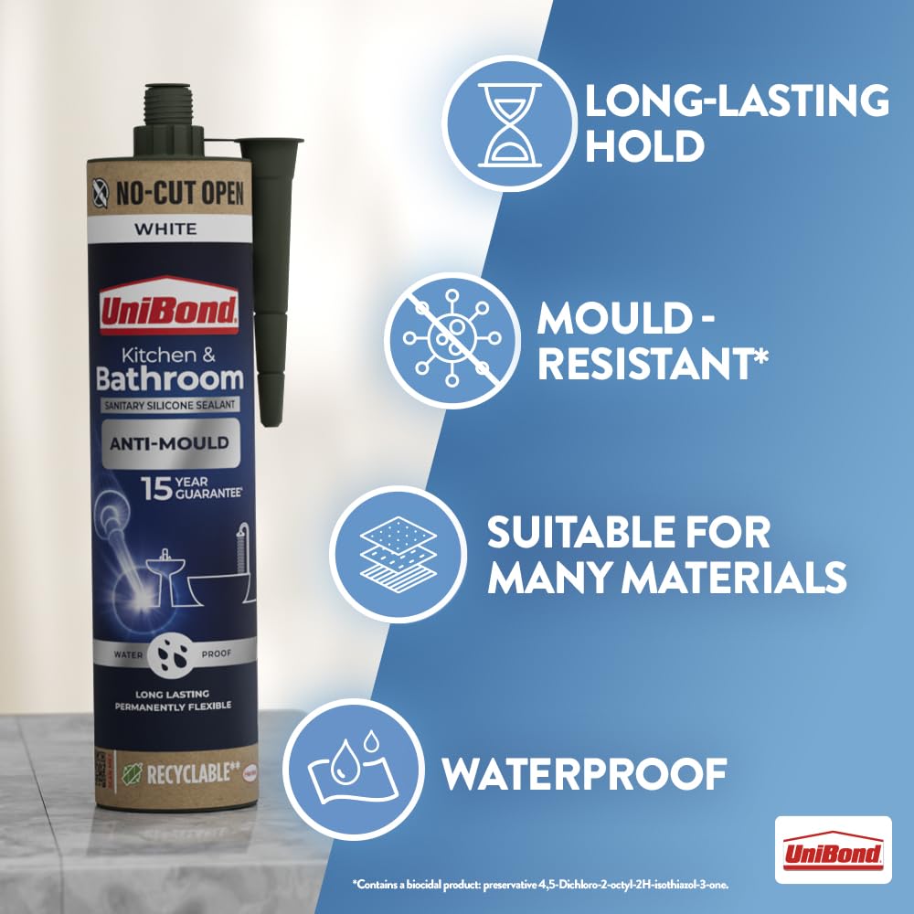 UniBond Anti-Mould Kitchen & Bathroom Sanitary Silicone Sealant 280ml Cartridge - White