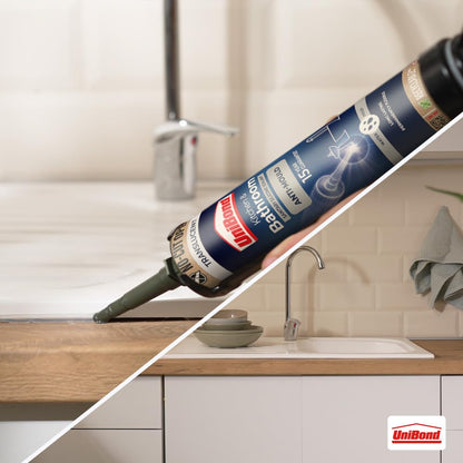 UniBond Anti-Mould Kitchen & Bathroom Sanitary Silicone Sealant 280ml Cartridge - Translucent