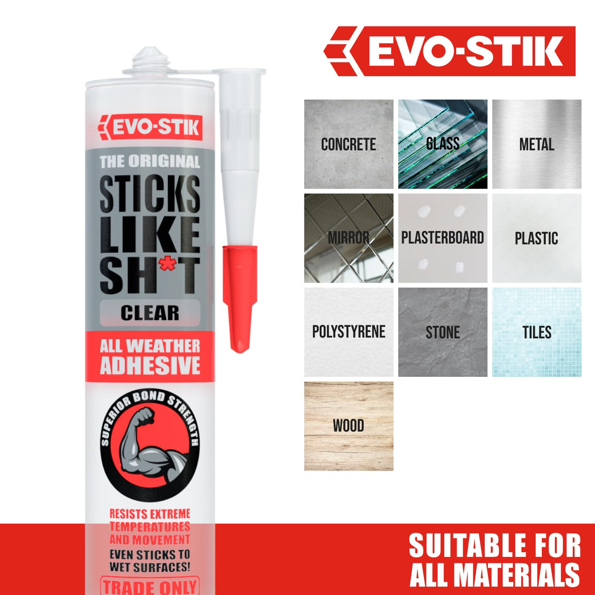 Evo-Stik Sticks Like Sh*t All Weather Grab Adhesive Clear - 290ml Cartridge