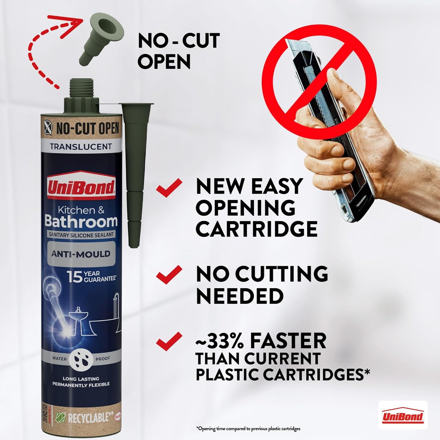 UniBond Anti-Mould Kitchen & Bathroom Sanitary Silicone Sealant 280ml Cartridge - Translucent