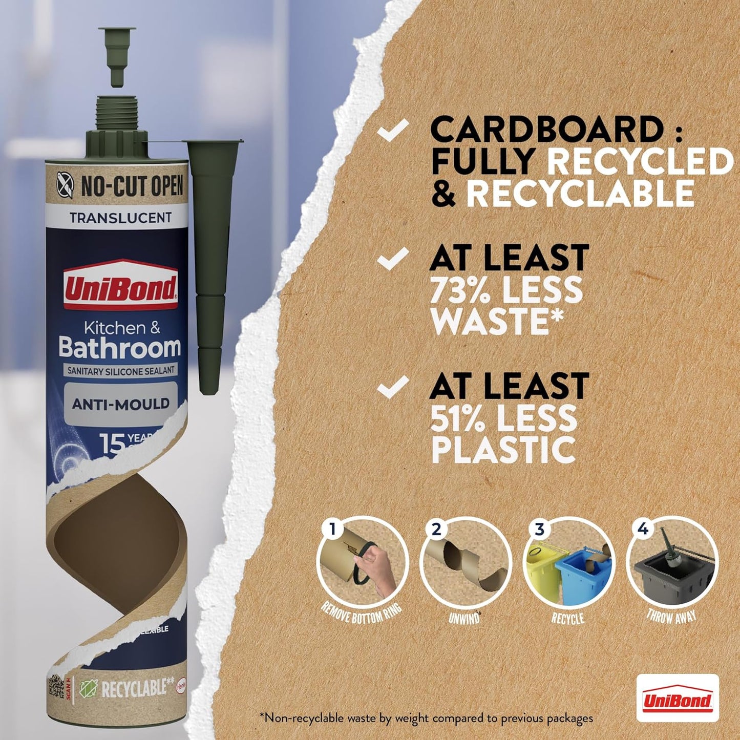 UniBond Anti-Mould Kitchen & Bathroom Sanitary Silicone Sealant 280ml Cartridge - Translucent