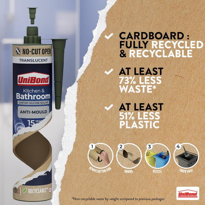 UniBond Anti-Mould Kitchen & Bathroom Sanitary Silicone Sealant 280ml Cartridge - Translucent