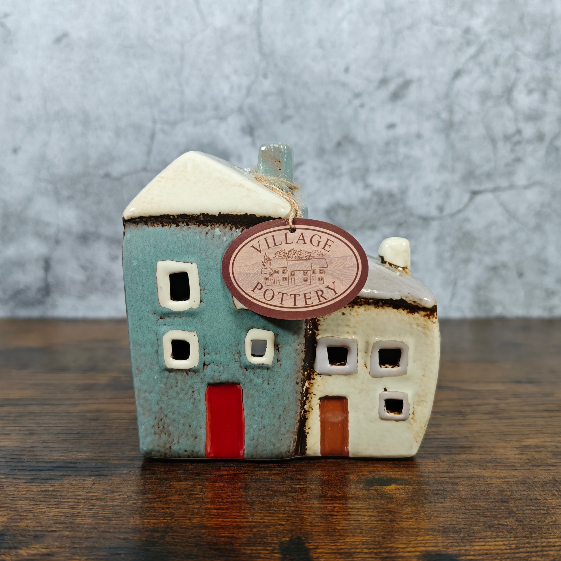Village Pottery Collection Grey/Cream Two Houses Ceramic Tealight Holder