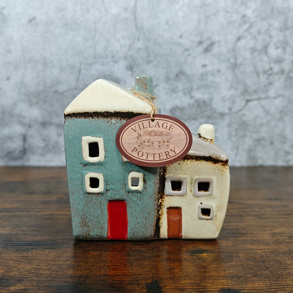 Village Pottery Collection Grey/Cream Two Houses Ceramic Tealight Holder