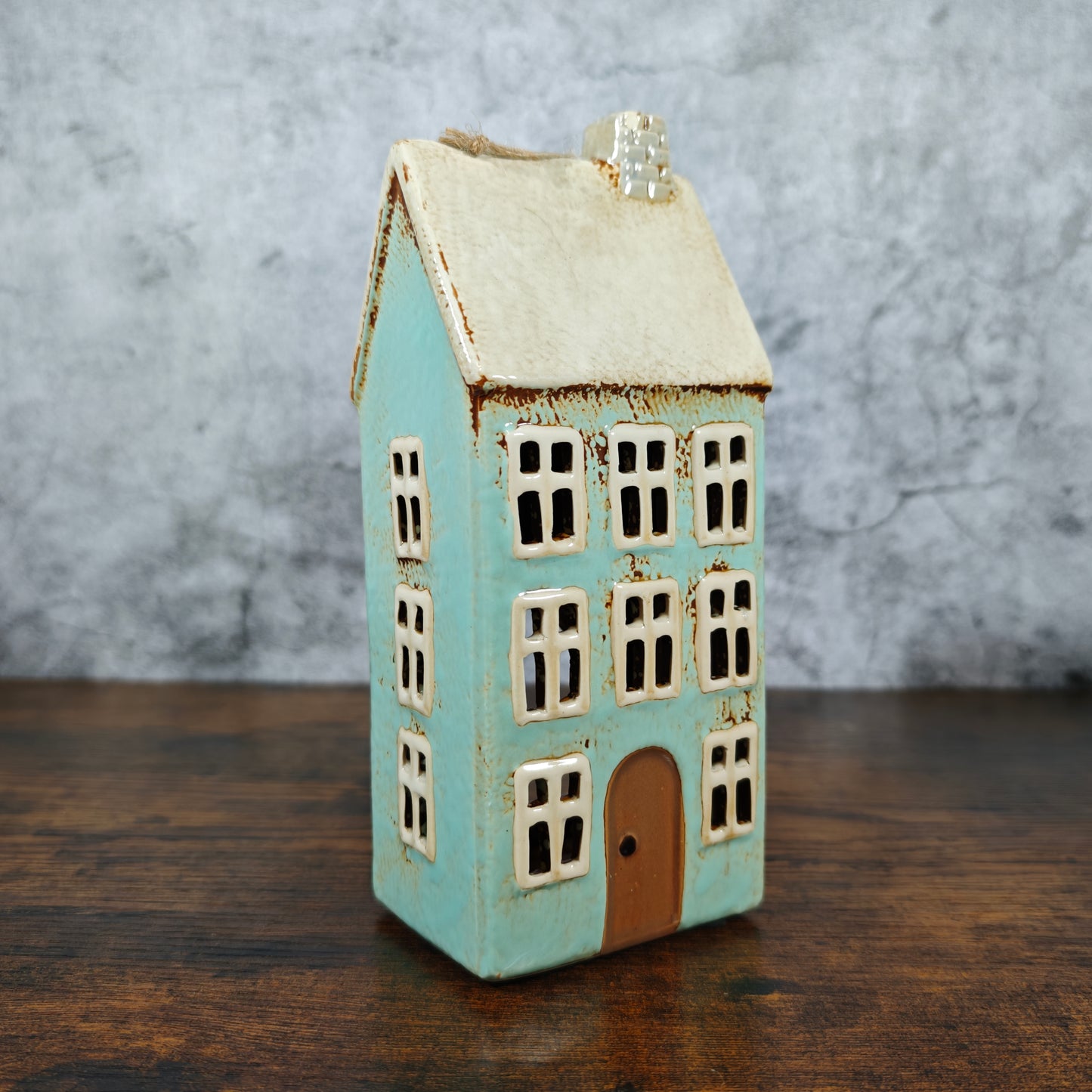 Village Pottery Tall House Tealight Holder - Blue