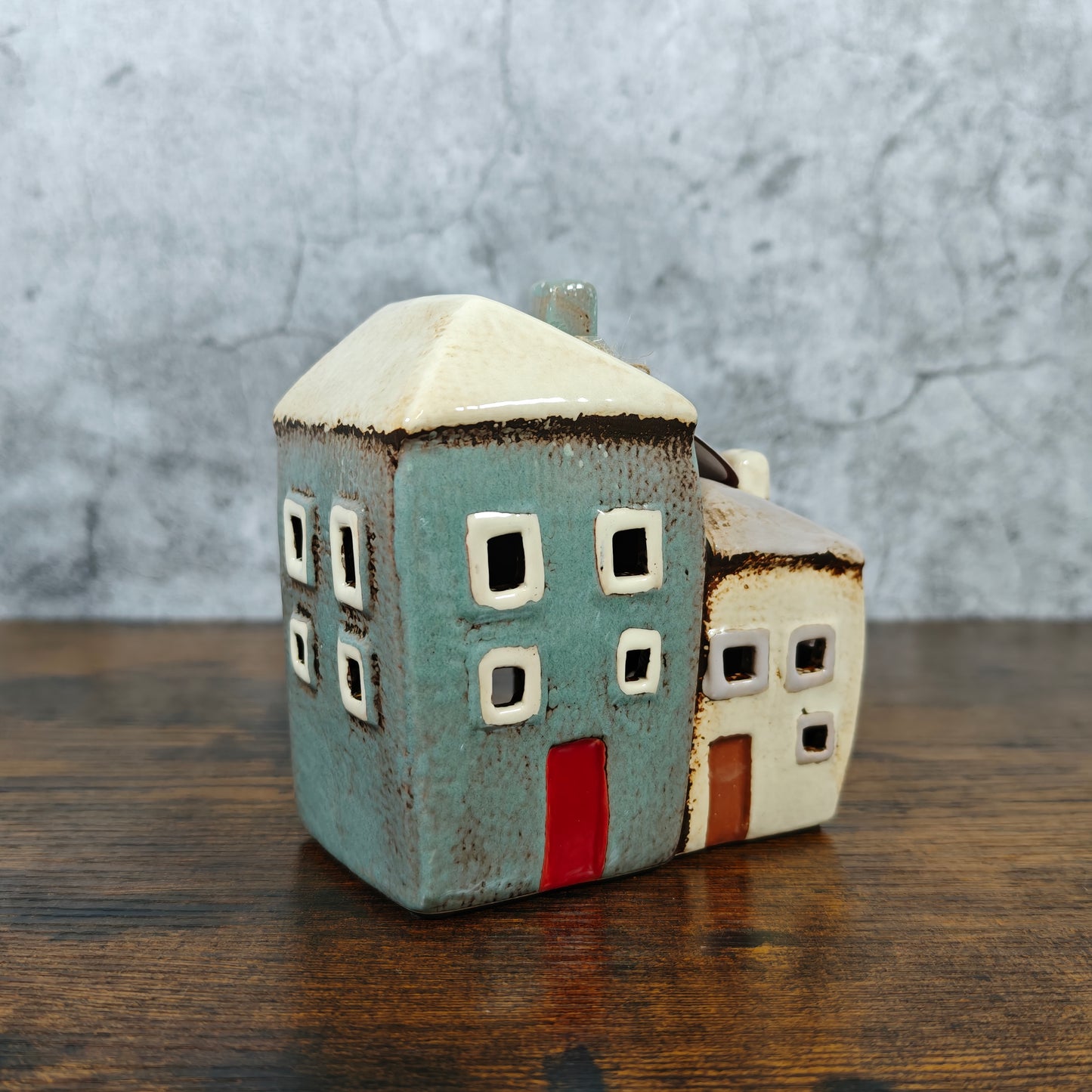 Village Pottery Collection Grey/Cream Two Houses Ceramic Tealight Holder