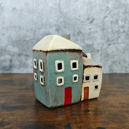 Village Pottery Collection Grey/Cream Two Houses Ceramic Tealight Holder