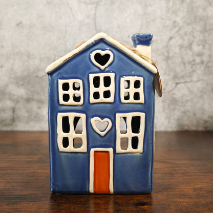 Village Pottery Heart House Tealight Holder - Blue