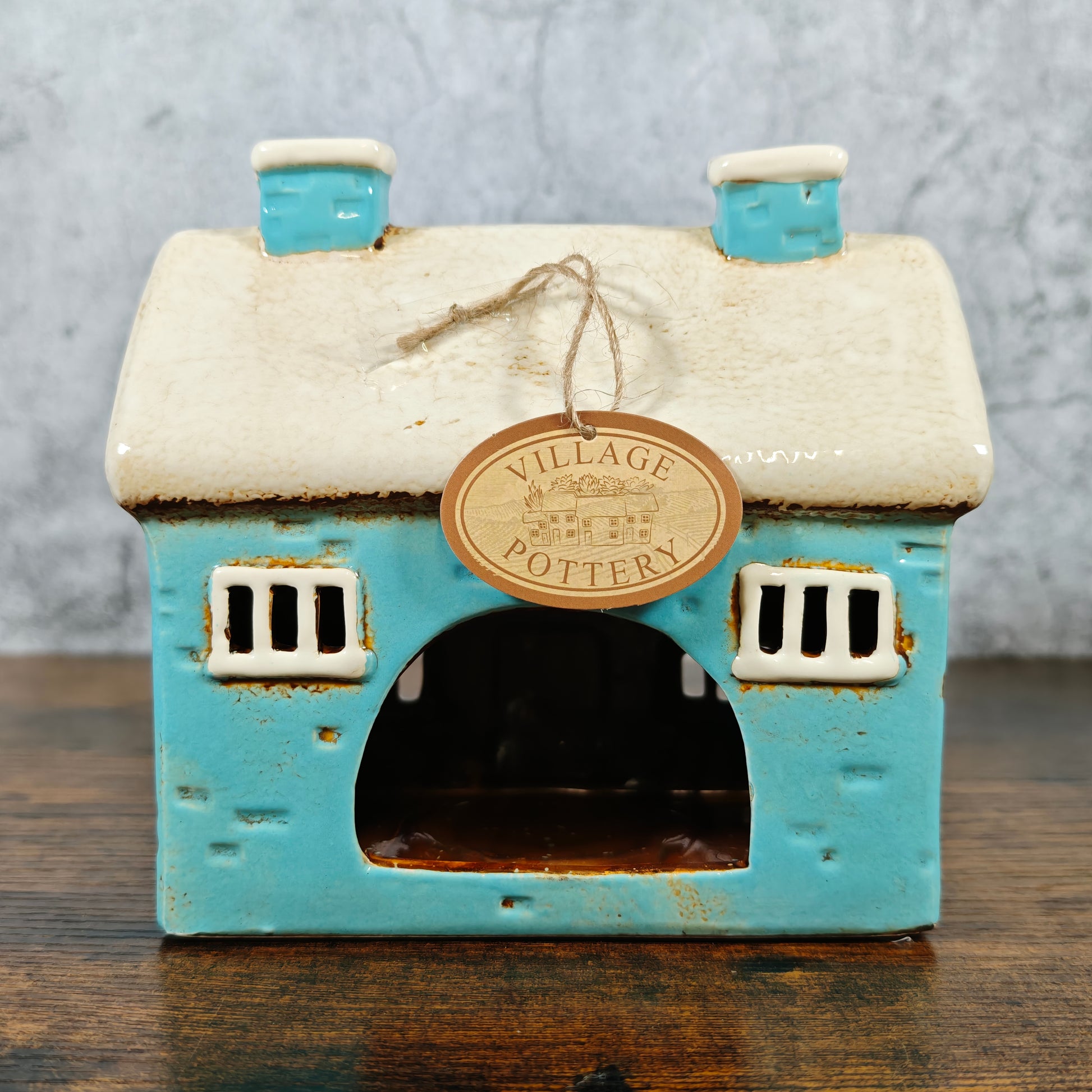 Village Pottery Large House Tealight Holder - Blue