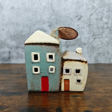 Village Pottery Collection Grey/Cream Two Houses Ceramic Tealight Holder