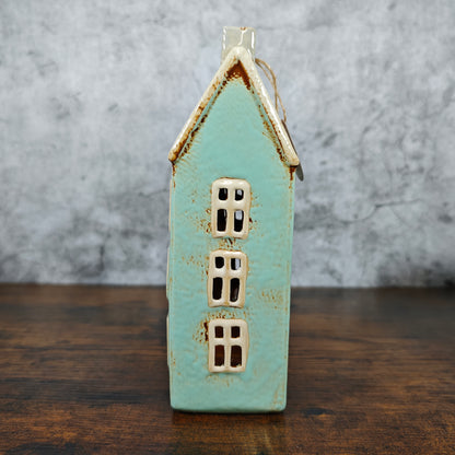 Village Pottery Tall House Tealight Holder - Blue