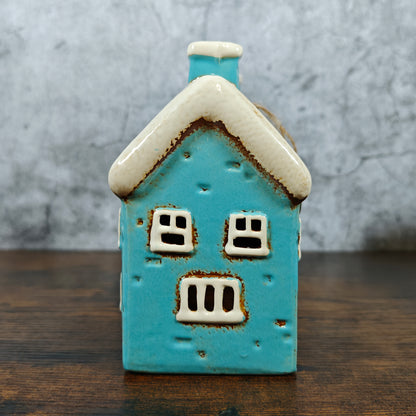 Village Pottery Large House Tealight Holder - Blue