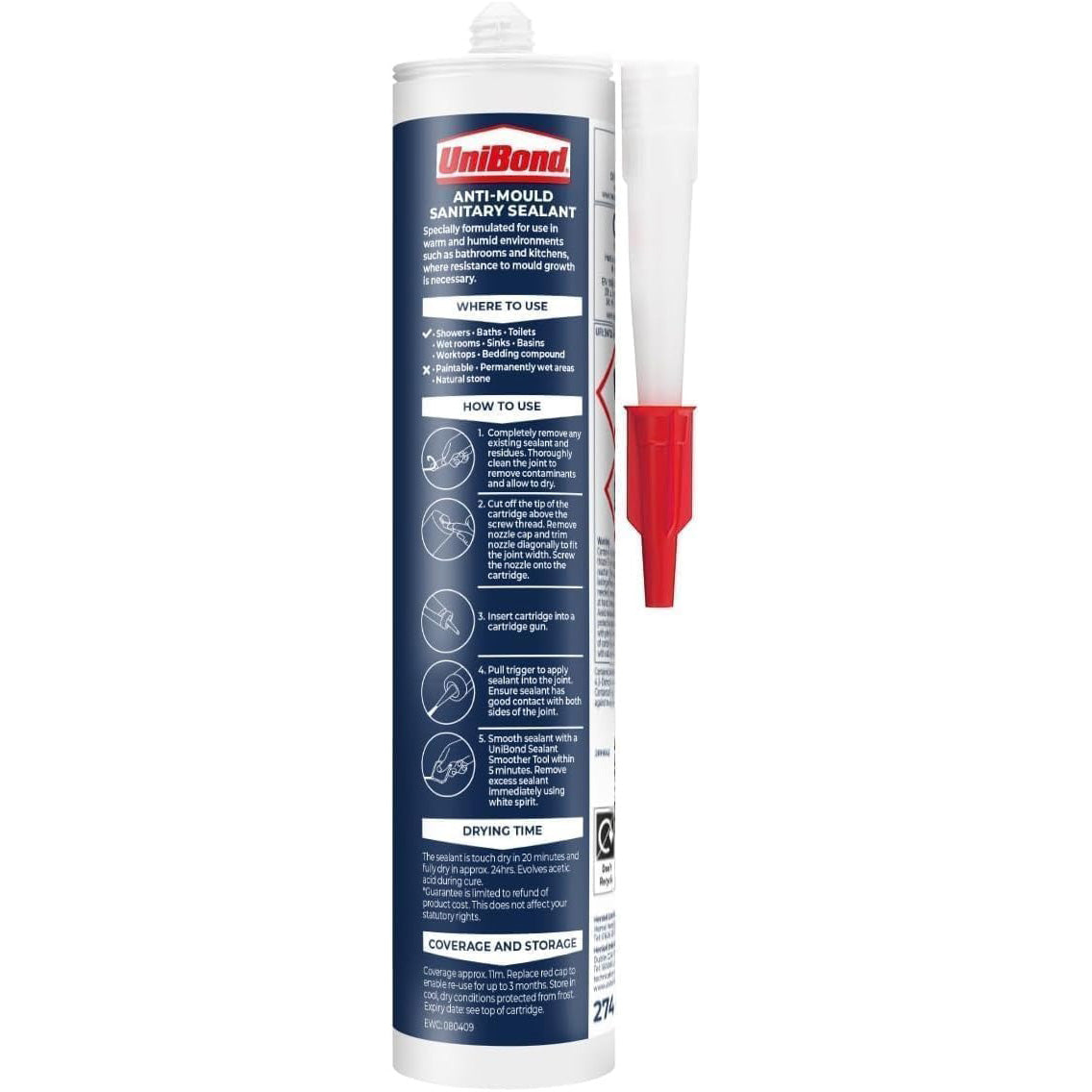 UniBond Kitchen & Bathroom Sanitary Silicone Sealant Cartridge 274g - White