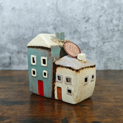 Village Pottery Collection Grey/Cream Two Houses Ceramic Tealight Holder