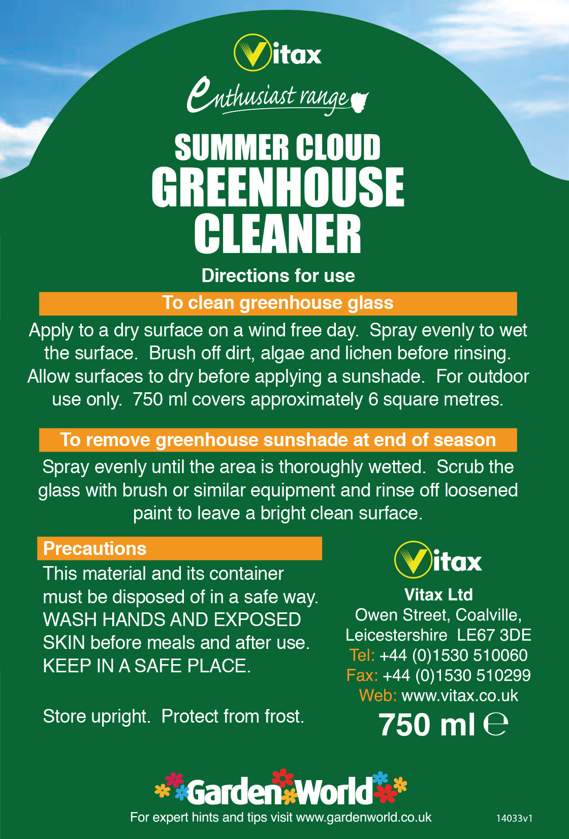 Vitax Summer Cloud Greenhouse Cleaner 750ml