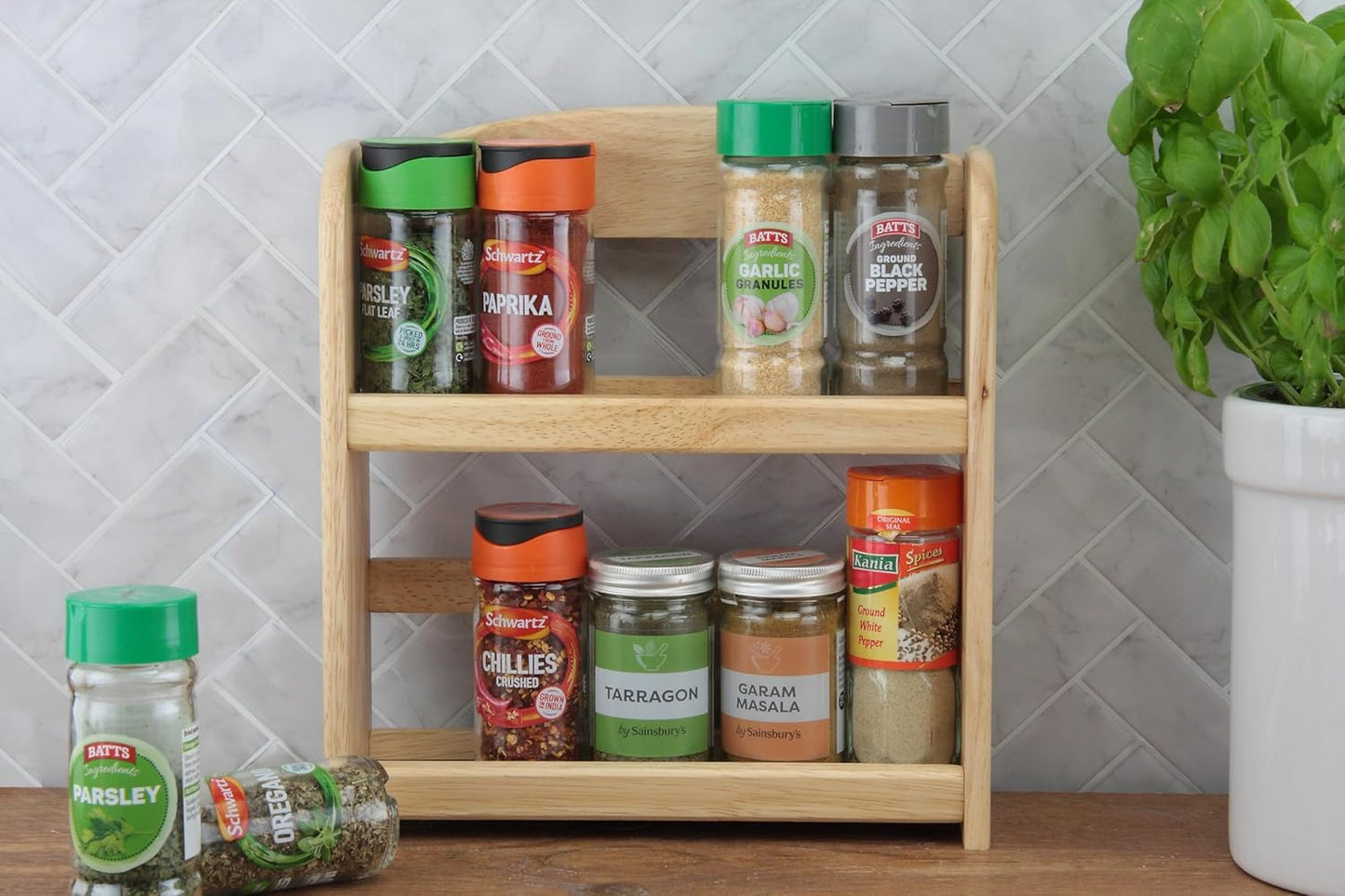 Apollo 2 Tier Spice Rack Holds 10 Jars - Natural Hevea Wood (Rubberwood)