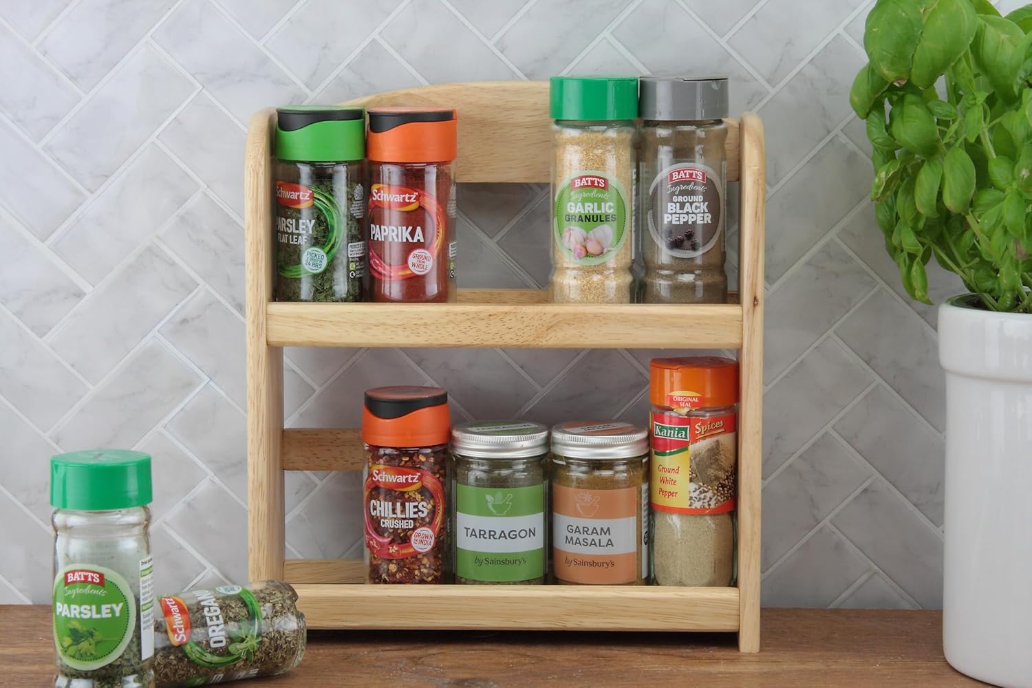 Apollo 2 Tier Spice Rack Holds 10 Jars - Natural Hevea Wood (Rubberwood)