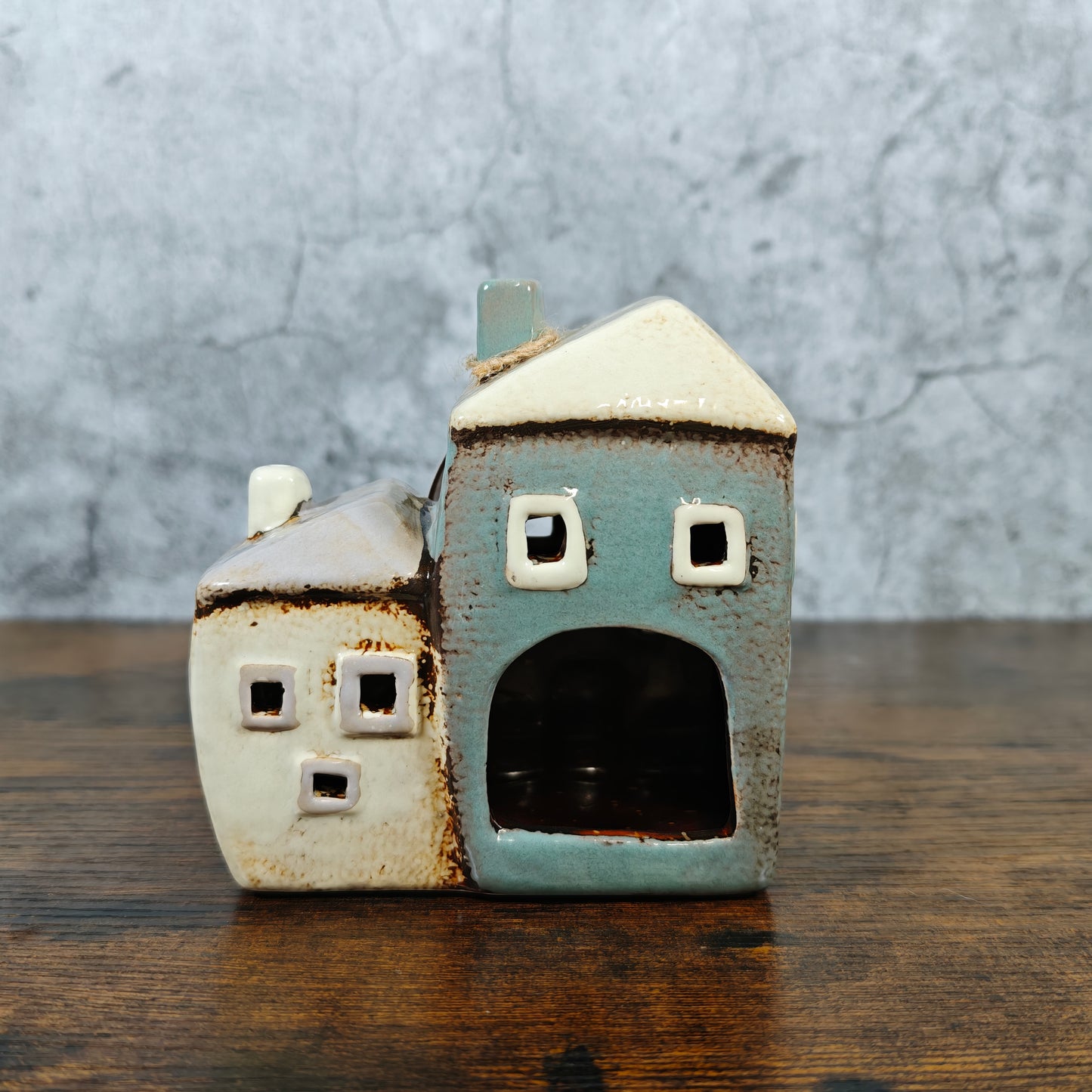 Village Pottery Collection Grey/Cream Two Houses Ceramic Tealight Holder