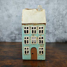 Village Pottery Tall House Tealight Holder - Blue