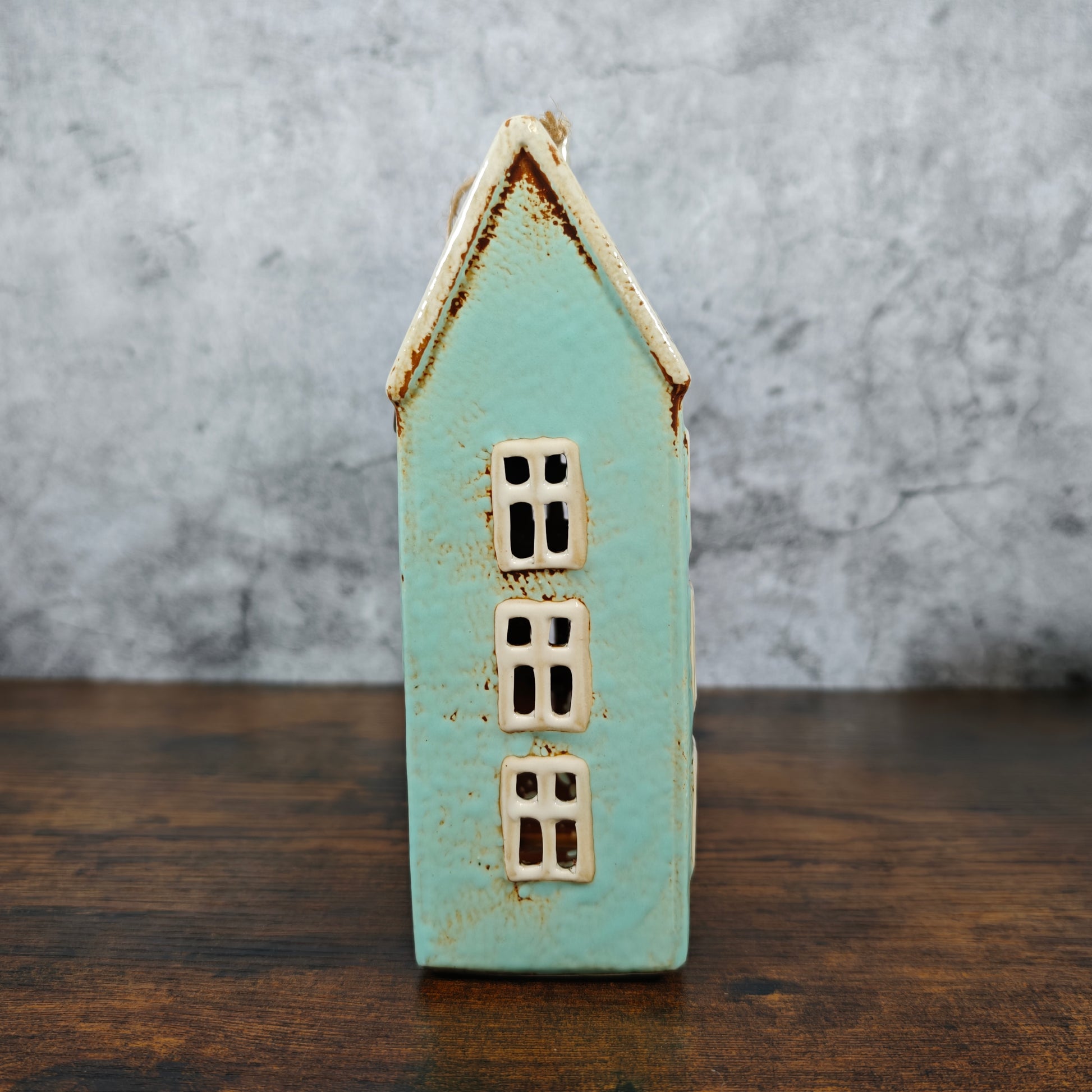 Village Pottery Tall House Tealight Holder - Blue