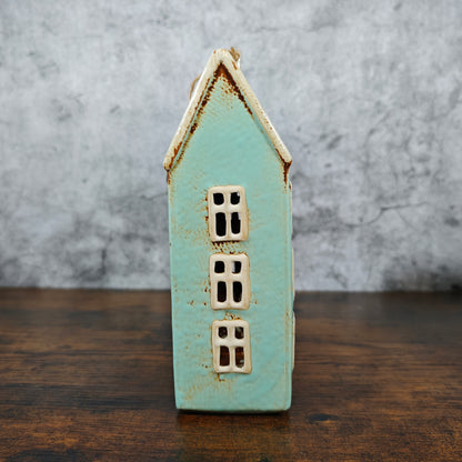 Village Pottery Tall House Tealight Holder - Blue
