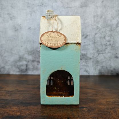 Village Pottery Tall House Tealight Holder - Blue