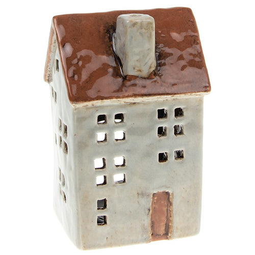 Village Pottery Small Town House Tealight Holder - Pale Grey