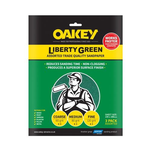 Oakey Liberty Green ASSORTED Sandpaper 3 Pack 