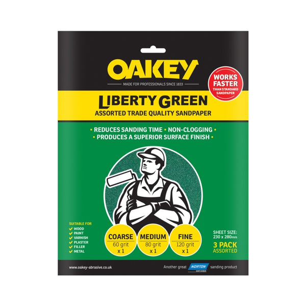 Oakey Liberty Green ASSORTED Sandpaper 3 Pack 