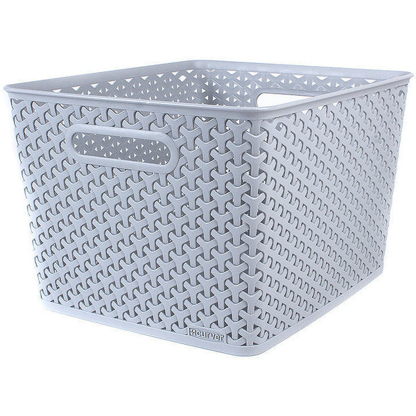 Large Faux Rattan Plastic Storage Basket Organiser 18 Litre - Grey